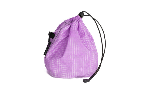 A Medium, clear-bottomed Yarn Stuff Sack in Wisteria (pale purple with white grid) 200 Halcyon.